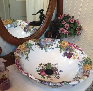 she-shed powder room with Victorian Garden painted vessel sink
